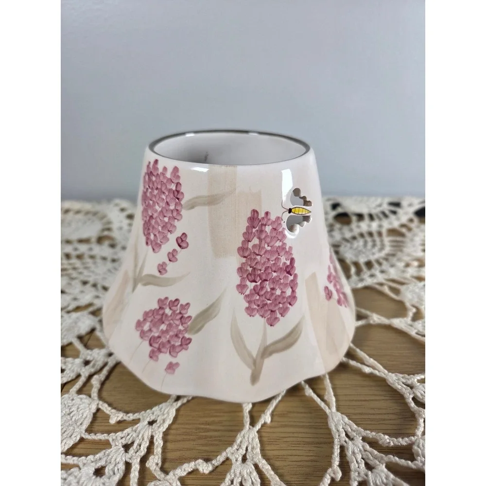 Floral Ceramic Jar Candle Shade with Bee Cutouts Pink Mauve Scalloped Edge